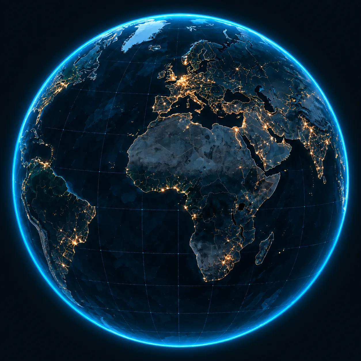 Dark Earth with golden city lights and a cyan atmosphere